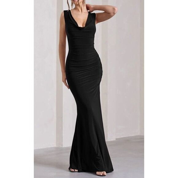 NWT CLUB L LOLITA BLACK RUCHED COWL-NECK SLEEVELESS MAXI DRESS sz 12 US - Picture 10 of 11